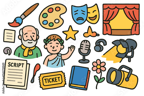 Creative Arts Icons. Creative Arts. Colorful Hand-drawn doodle Children illustration paintbrush, palette, mask, stage, curtain, script, microphone, elderly