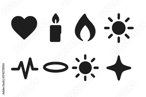 Lovinglight Icon Set. Lovinglight. Filled icon set of Lovinglight: heart, candle, flame, radiant aura, pulse,