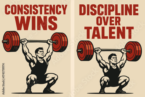 Athlete's Mantra Banners. Strength. Two vertical A6 banners with safe margins, centered composition, no elements touching edges, bold style, red and beige,