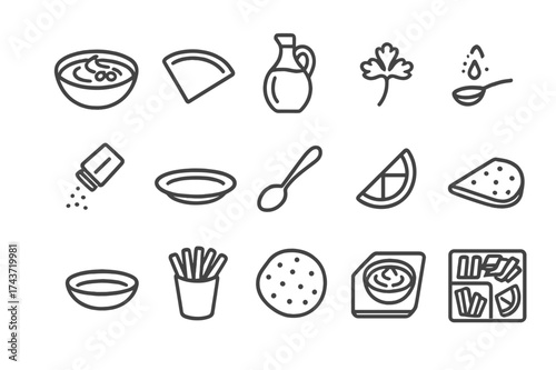 Hummus Icon Set. Serving hummus. Line icon set of Serving hummus: bowl of hummus, pita bread, olive oil drizzle, parsley garnish, paprika sprinkle, serving