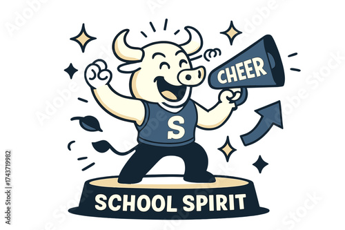 Cheerful Cartoon Mascot. School spirit. Cartoon mascot glowing on stage, leading chants with megaphone. Floating sparkle, cheer, and arrow icons emphasizing