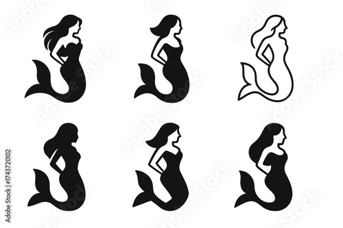 Mermaid Logo Collection. A mythical creature blending human and animal features. Set Logo of mermaid: half-human, half-fish silhouette. harmonious logo