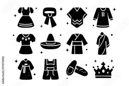 Traditional Festival Attire. Festival wear. Solid icons set of Festival wear: folk dress, sash, poncho, kaftan, embroidered blouse, sombrero, kimono, sari,