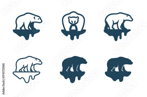 Polar Bear Logo Variations. Endangered species and their protection. Set Logo of polar bear: bear standing on melting ice. harmonious logo variations of the