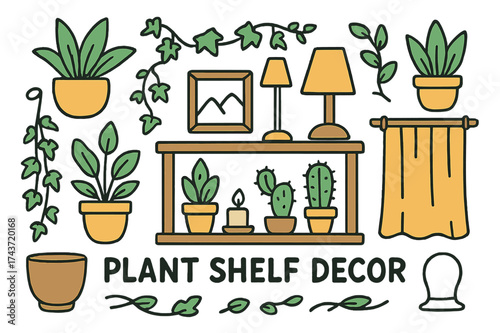 Colorful Plant Shelf Decor. Plant Shelf Decor. Hand-drawn doodle illustration bookshelf (colored), lamp, picture frame (colored), potted plant, hanging vine