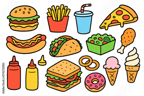 Colorful Fast Food Doodles. Fast Food. Colorful Hand-drawn doodle Children illustration Burger, fries, soda, pizza slice, hot dog, taco, sandwich, fried