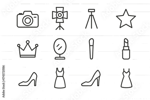 Model Photoshoot Icons. Model photoshoot. Line icon set of model photoshoot: camera, spotlight, tripod, star, crown, mirror, makeup brush, lipstick, high