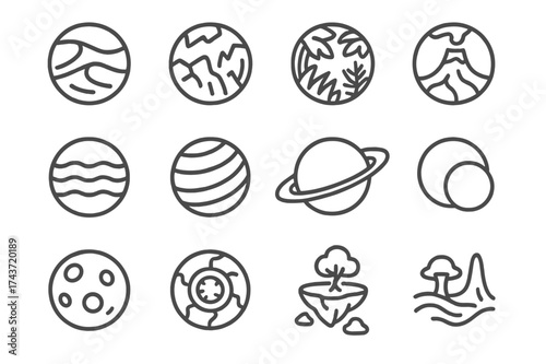 Alien Planet Icons. Alien planets. Line icon set of Alien planets: desert planet, ice planet, jungle planet, volcanic planet, ocean planet, gas giant, ringed