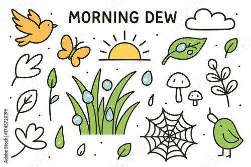 Whimsical Morning Dew. Morning Dew. Hand-drawn doodle illustration grass blades (colored), dew drops, sunrise (colored), flower petals, butterfly (colored),