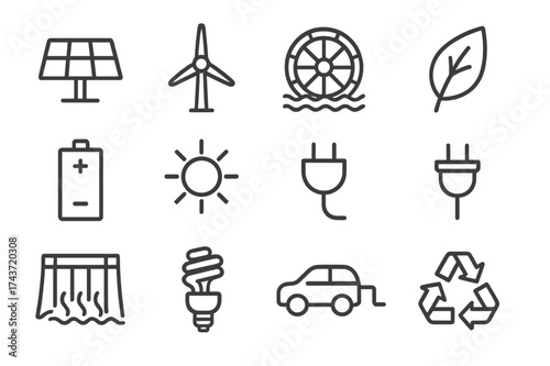 Renewable Energy Icons. Renewable Energy. Line icon set of Renewable Energy: solar panel, wind turbine, water wheel, leaf, battery, sun, electric plug, hydro