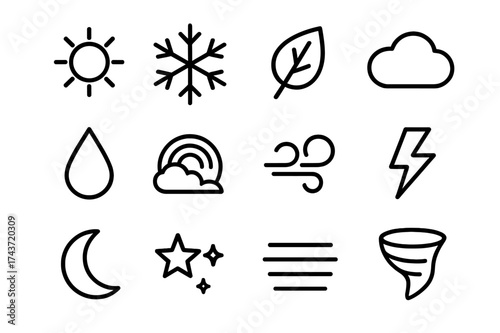 Seasons Symbolic Icons. Seasons in the Sky. Line icon set of Seasons in the Sky: sun, snowflake, leaf, cloud, raindrop, rainbow, wind swirl, lightning, moon,