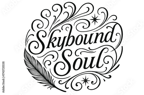 Skybound Flourish Artistry. Skybound Soul ? Flourish Lettering with ornamental swashes extending upward; circular balanced composition; medium-thick black