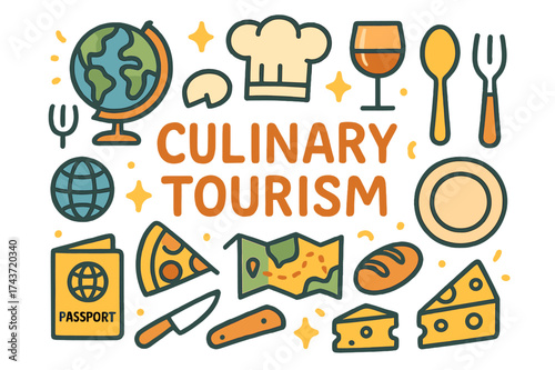 Culinary Tourism Doodle. Culinary Tourism. Hand-drawn doodle illustration of Culinary Tourism. Globe, fork,