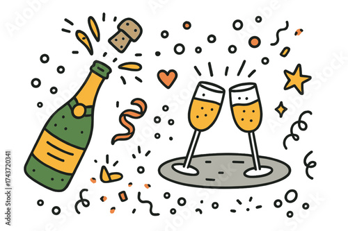 Celebrate with Champagne. Champagne Toast. Hand-drawn doodle illustration champagne bottle (colored), popping cork, two glasses clinking (colored), bubbles,