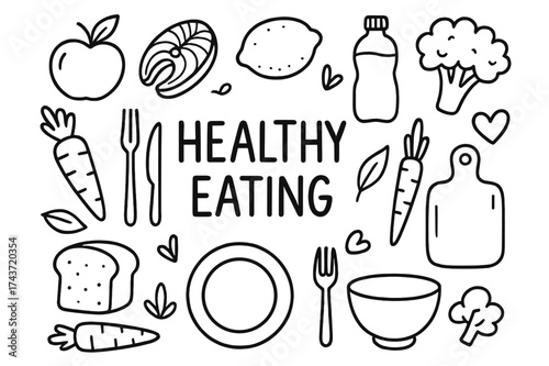Healthy Eating Doodles. Healthy eating. Hand-drawn doodle illustration healthy eating apple, salmon fillet, lemon, broccoli, carrot, plate, fork, knife, water