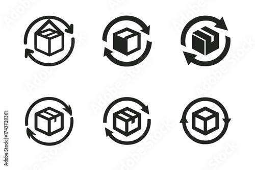 Sustainable Logo Variations. Trade in eco-friendly products and sustainable merchandise. Set Logo of renewable arrows: circular arrows around product box.