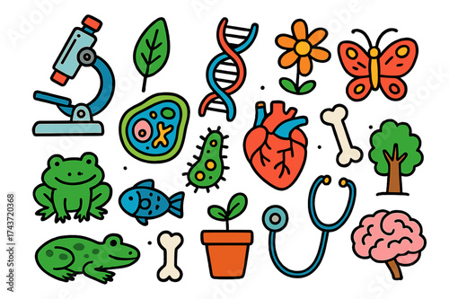 Biology Doodle Illustration. Biology. Colorful Hand-drawn doodle Children illustration Microscope, DNA strand, leaf, flower, cell, bacteria, butterfly, frog,