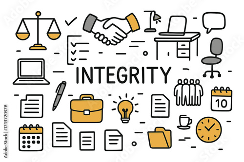 Integrity Doodle Illustration. Integrity. Hand-drawn doodle illustration integrity scales of justice (accented), handshake, office desk (accented), laptop,