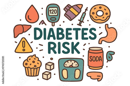 Diabetes Risk Doodle. Diabetes Risk. Hand-drawn doodle illustration of Diabetes Risk. Blood drop, glucose