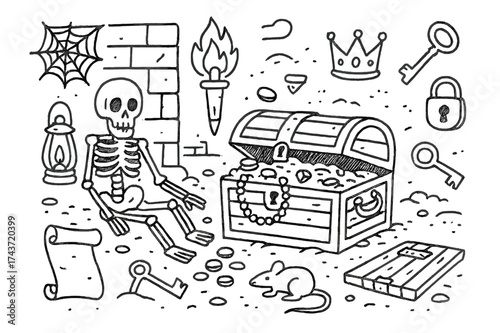 Treasure Dungeon Elements. Treasure dungeon. Hand-drawn doodle illustration treasure dungeon chest, gold coins, jewels, crown, torch, key, lock, stone wall,