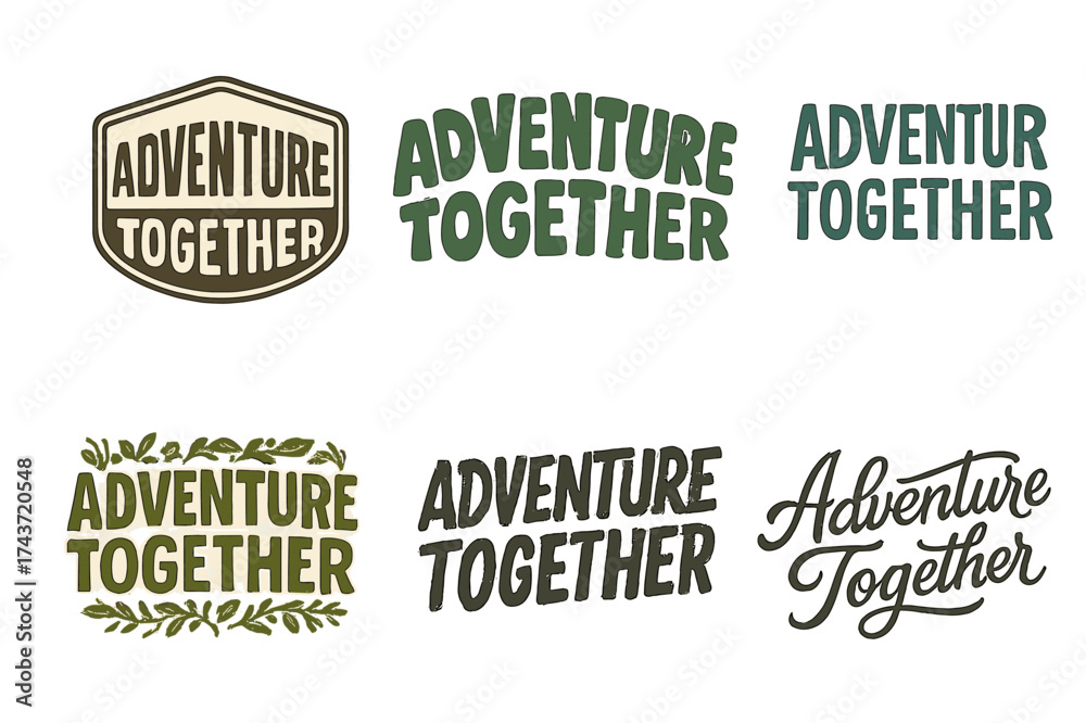 Obraz premium Adventure Lettering Styles. Adventure together. Set lettering. harmonious lettering variations of the same emblematic concept, each with different artistic