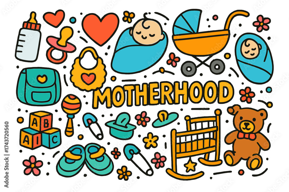 Fototapeta premium Motherhood Essentials Icons. Motherhood. Colorful Hand-drawn doodle Children illustration Baby bottle, heart, pacifier, bib, stroller, blanket, diaper bag,