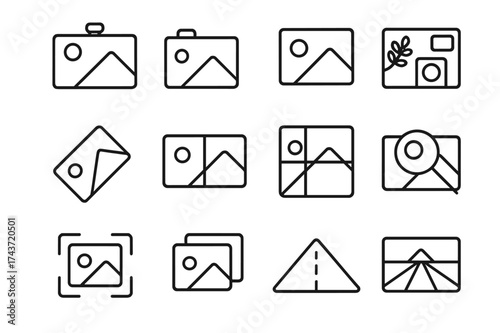 Iconic Composition Angles. Angles and composition. Line icon set of angles and composition: top view, side view, close-up, flat lay, overhead, diagonal,