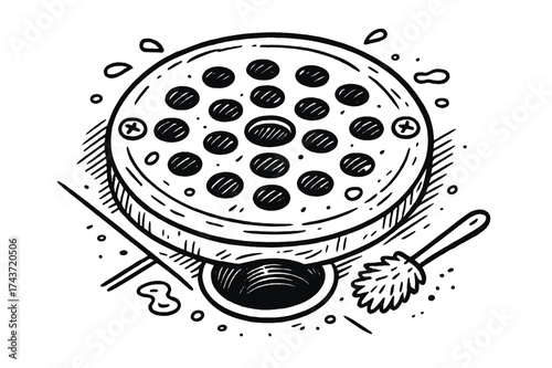 Floor Drain Illustration. Floor Drain Cover Close-Up. Hand-drawn doodle illustration floor drain cover close-up circular metal grate, holes, screws, water