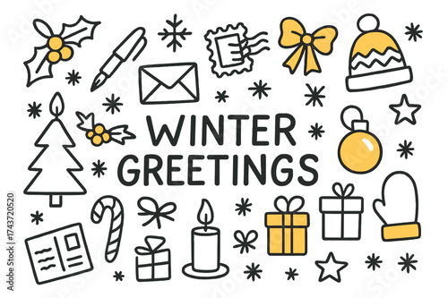 Winter Holiday Doodles. Winter Greetings. Hand-drawn doodle illustration winter greetings greeting card (accented), pen, envelope (accented), stamp, ribbon,