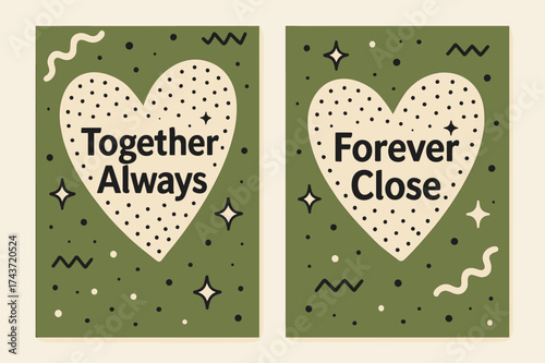Memphis Style Banners. Affection. Two vertical A6 banners with safe margins, centered composition, no elements touching edges, memphis style, olive green and