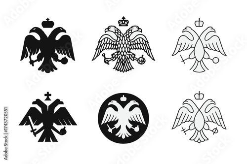 Byzantine Eagle Emblems. The rise and fall of empires throughout history. Set Logo of Byzantine Empire: double-headed eagle. harmonious logo variations of the