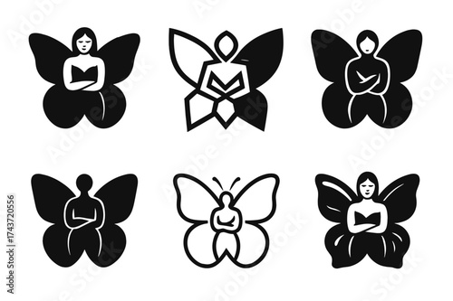 Butterfly Logo Variations. Positive Body Image and Self-Acceptance. Set Logo of Positive Body Image and Self-Acceptance: butterfly symbol. harmonious logo