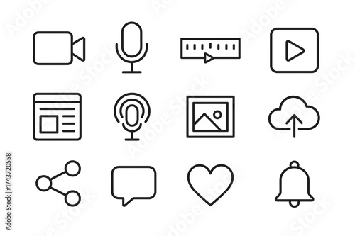 Content Creation Icons Grid. Content creation. Line icon set of Content creation: video camera, microphone, editing timeline, play button, blog page, podcast
