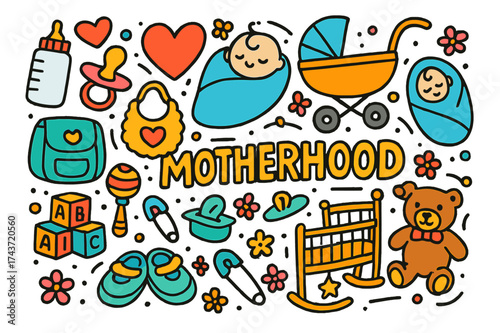 Motherhood Essentials Icons. Motherhood. Colorful Hand-drawn doodle Children illustration Baby bottle, heart, pacifier, bib, stroller, blanket, diaper bag,