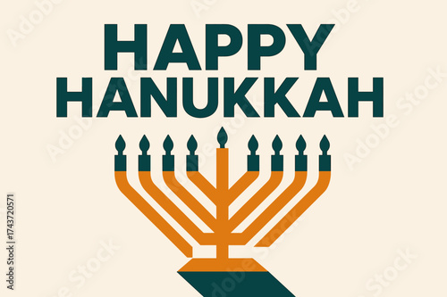 Minimalist Hanukkah Poster. ?Happy Hanukkah?. geometric sans heavy, flat fills, long angled shadows,