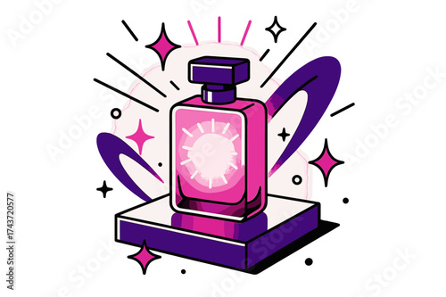 Elegant Perfume Showcase. Exclusive showcase. A glowing perfume bottle displayed on a mirrored platform, abstract sparkles and floating light beams showing