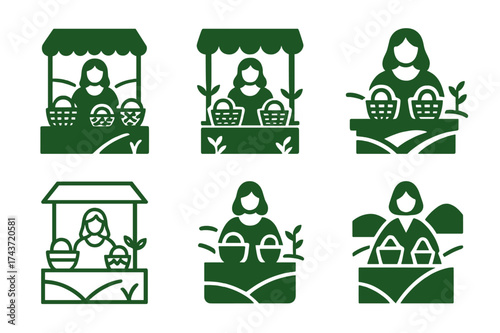 Rural Entrepreneur Logos. Women entrepreneurs in rural areas. Set Logo of Women entrepreneurs in rural areas: Rural market stall with baskets. harmonious logo
