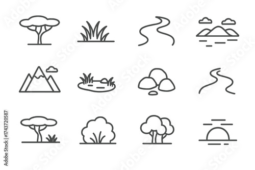 Reserve Landscape Icons. Reserve landscapes. Line icon set of Reserve landscapes: acacia tree, grassland, river, hills, mountains, watering hole, rocks, dirt