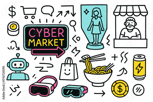 Neon Cyber Market. Cyber Market. Hand-drawn doodle illustration neon shop sign (colored), holographic ad, street vendor (colored), sushi roll, robot assistant