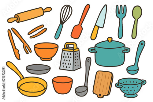 Colorful Kitchen Doodle. Kitchen Tools. Colorful Hand-drawn doodle Children illustration Rolling pin, whisk, spatula, knife, fork, spoon, tongs, grater, bowl,
