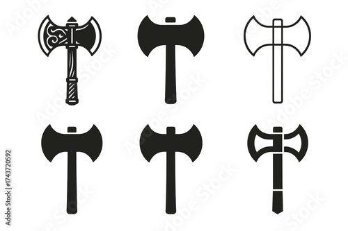 Antique Weapon Logos. Antique Weapons. Set Logo of Antique Weapons: battle axe. harmonious logo variations of the same emblematic concept, each with different