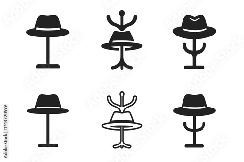 Hanging Hat Logos. Hanging Hat. Set Logo of Hanging Hat: fedora hat on rack. harmonious logo variations of the same emblematic concept, each with different