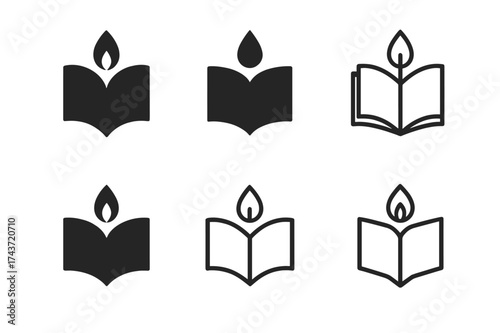 Cozy Reading Logos. Reading by candlelight. Set Logo of Cozy reading: candle flame illuminating book. harmonious logo variations of the same emblematic