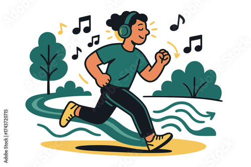 Energized Jogging Scene. Relaxed pace. Person jogging with headphones glowing, surrounded by floating music icons. Abstract sound waves blending with the park