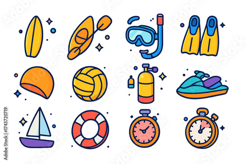 Vibrant Water Sports Icons. Water Sports. Colorful isometric vector icons set of water sports: surfboard, kayak, paddle, snorkel mask, flippers, swim cap,