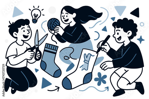 Creative Crafting Kids. Crafting fun. Glowing children using scissors, yarn, and markers on socks, abstract floating shapes highlighting creativity and