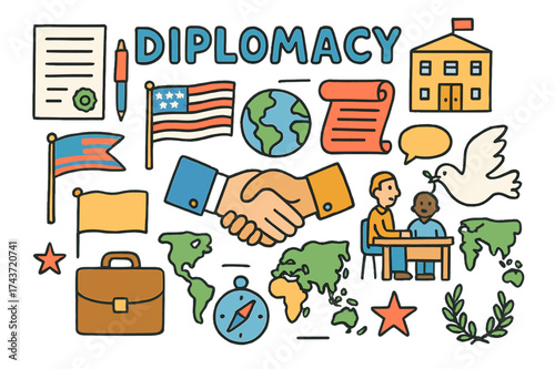 Colorful Diplomacy Elements. Diplomacy. Colorful Hand-drawn doodle Children illustration Handshake, flag, globe, document, pen, scroll, embassy, people at