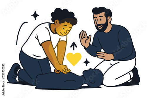 Dynamic CPR Training. CPR practice. Glowing student pressing hands on mannequin chest while instructor guides. Floating icons of heart, arrow, and sparkle