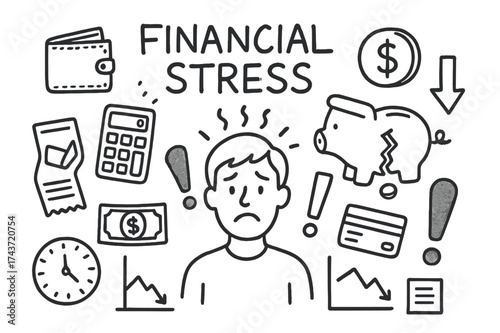 Financial Stress Doodles. Financial Stress. Hand-drawn doodle illustration Financial Stress worried face, empty wallet, calculator, coin, dollar bill, down