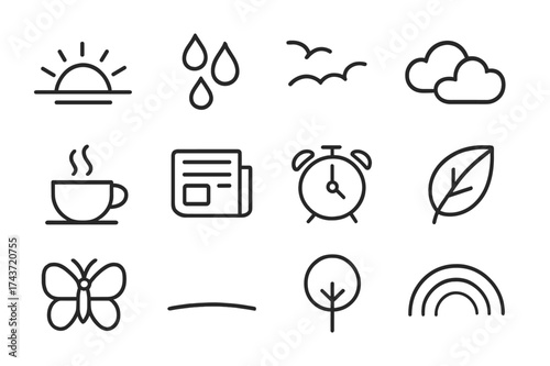 Morning Icon Set. Morning Atmosphere. Line icon set of Morning Atmosphere: rising sun, dew drops, birds, clouds, coffee cup, newspaper, alarm clock, leaf,